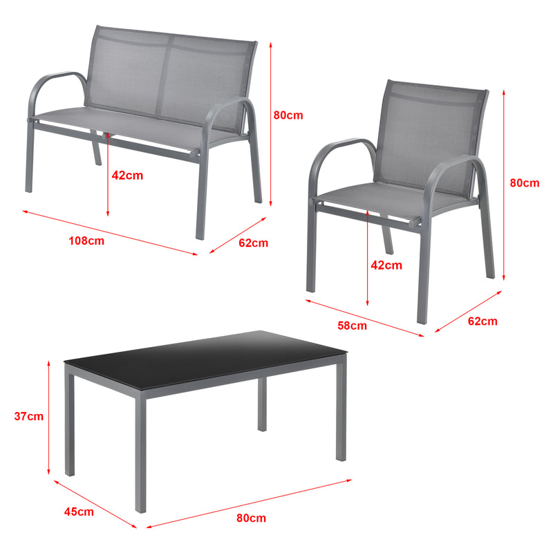 Maßskizze Gartenmöbel-Set Gagra Stühle mit Sitzbank und Tisch versch. Farben en.casa
