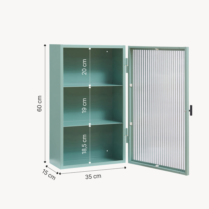 Maßskizze Hängeschrank Zundert mit geriffelter Glastür 60x35x15 cm Stahl [en.casa]