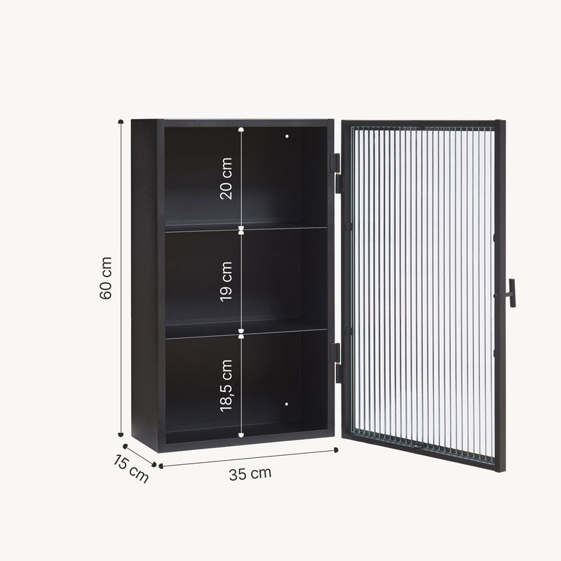 Maßskizze Hängeschrank Zundert mit geriffelter Glastür 60x35x15 cm Stahl [en.casa]