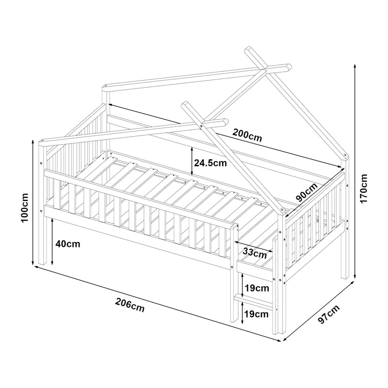 Maßskizze Hausbett Sotkamo 90x200cm mit Rausfallschutz [en.casa]