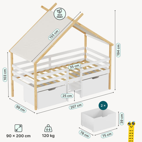 Hausbett Surnadal mit Matratze 90x200 cm Kiefernholz Weiß/Natur [en.casa]