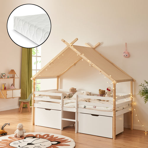 Hausbett Surnadal mit Matratze 90x200 cm Kiefernholz Weiß/Natur [en.casa] - premiumXL