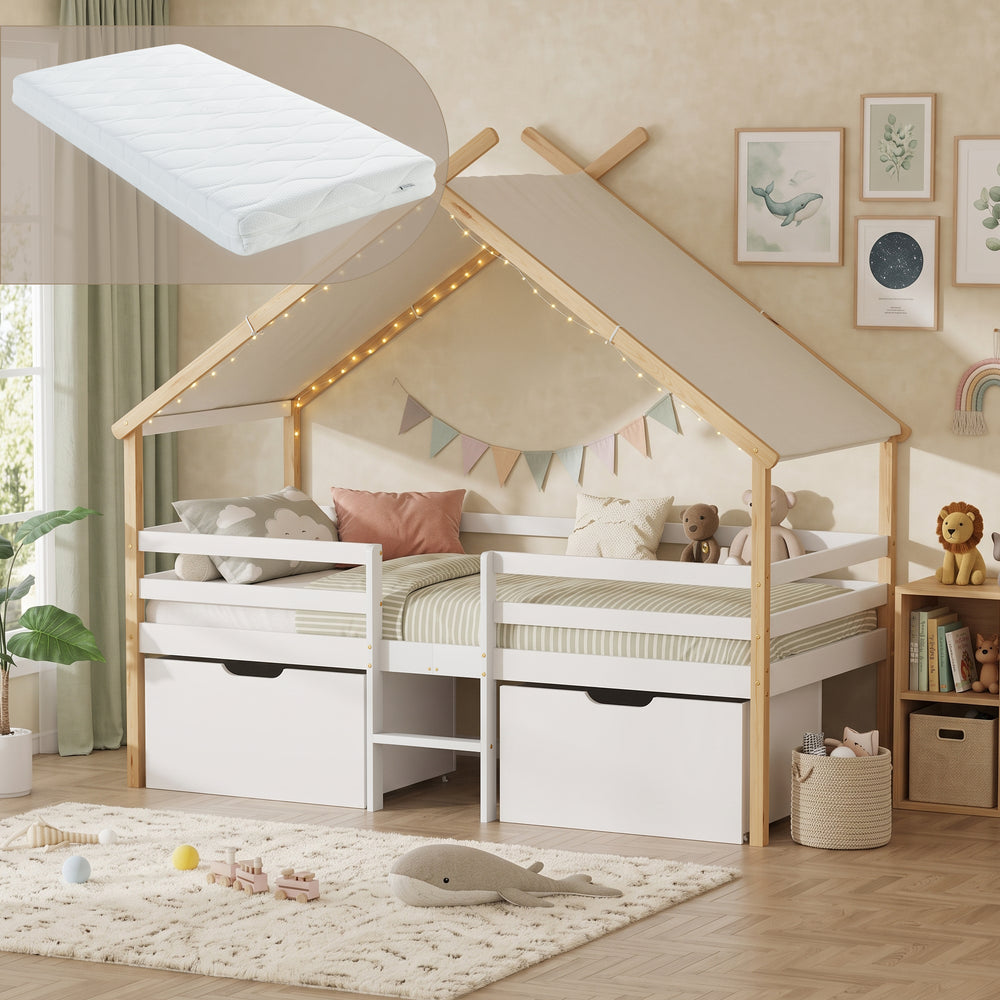 Hausbett Surnadal mit Matratze 90x200 cm Kiefernholz Weiß/Natur [en.casa]