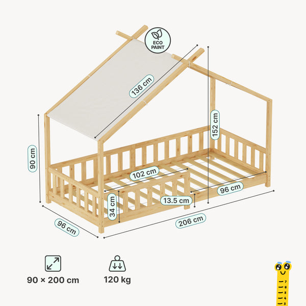 Hausbett Rila im Montessori-Stil mit Matratze und Rausfallschutz 90x200 cm [en.casa]