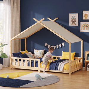 Hausbett Rila im Montessori-Stil mit Matratze und Rausfallschutz 90x200 cm [en.casa]