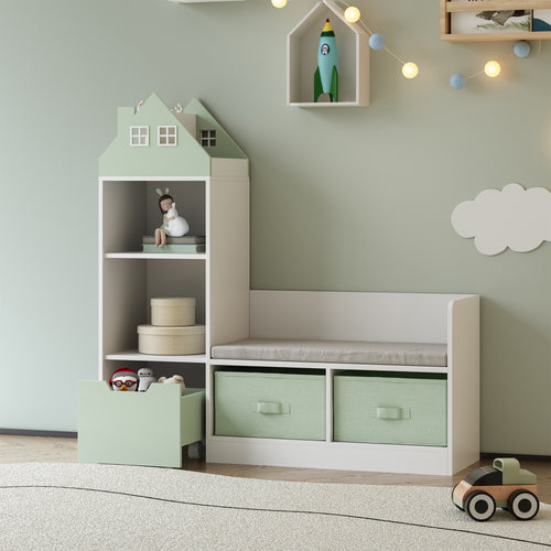 Kindersitzbank mit Regal Vipsali 100x99x30 cm Mintgrün/Weiß [en.casa]