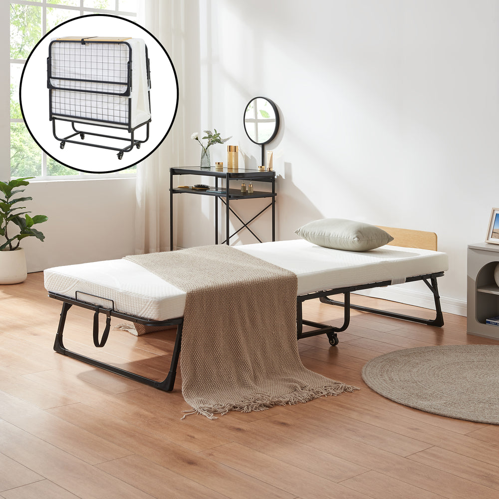 Metall-Klappbett Lustendi mit Matratze 200x90cm Schwarz/Eicheoptik [en.casa]