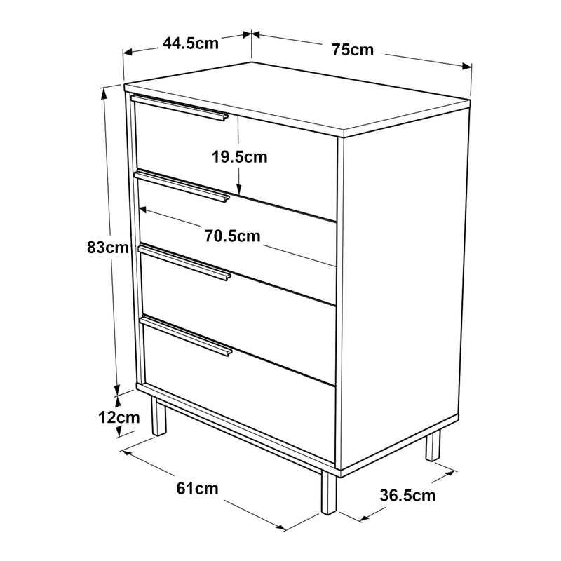 Maßskizze Kommode Vesanto 95x75x45 cm 4 Schubladen [en.casa]