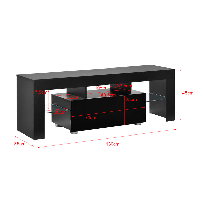 Maßskizze LED-Fernsehtisch Grimsey 130x35x45 cm mit Schublade Glasablage Weiß/Schwarz en.casa