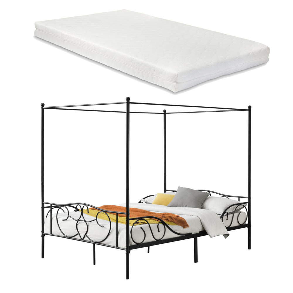 Himmelbett Finström aus Stahl mit Kaltschaummatratze [en.casa]