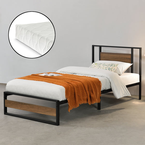 Metallbett Villach mit Matratze in versch. Größen Schwarz Walnuss-Optik [en.casa]
