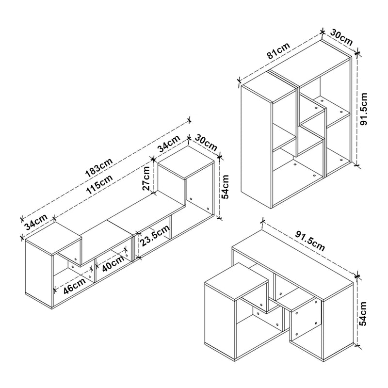 Maßskizze Modulares Möbelset Hustersurd 2-tlg. [en.casa]