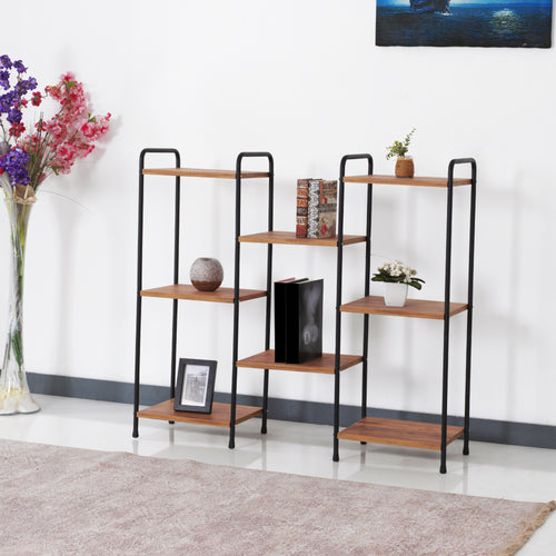 Standregal Birkerød mit 8 Ablageflächen 100 x 110 x 30 cm Schwarz / Walnuss-Optik [en.casa]