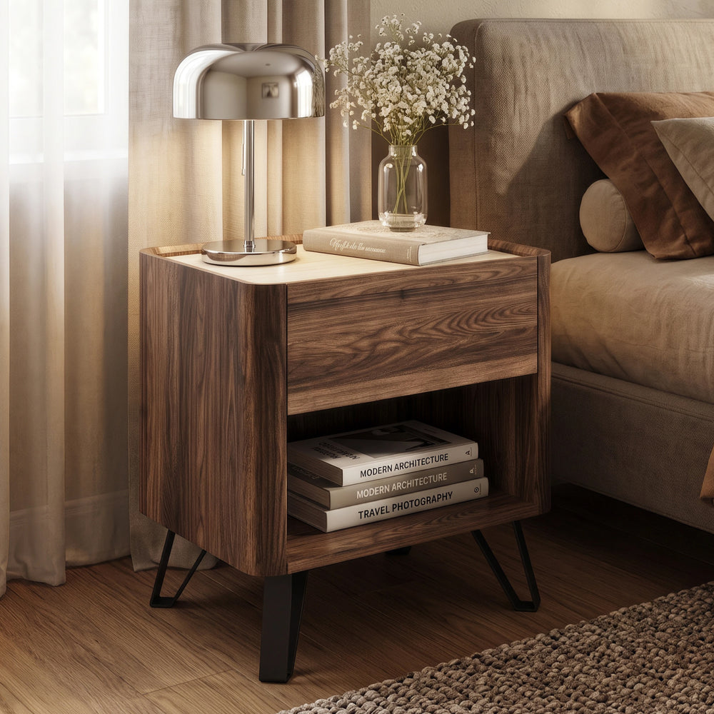 Nachttisch Trorlon 55x50x40 cm Walnussoptik/Travertin [en.casa]