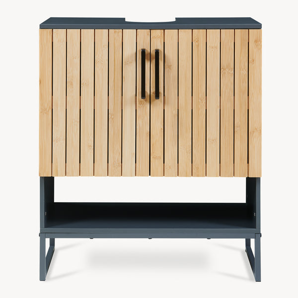 Waschbeckenunterschrank 'Svanes' 70 x 60 x 30 cm Bambusfront Metallgestell Dunkelgrau/Natur