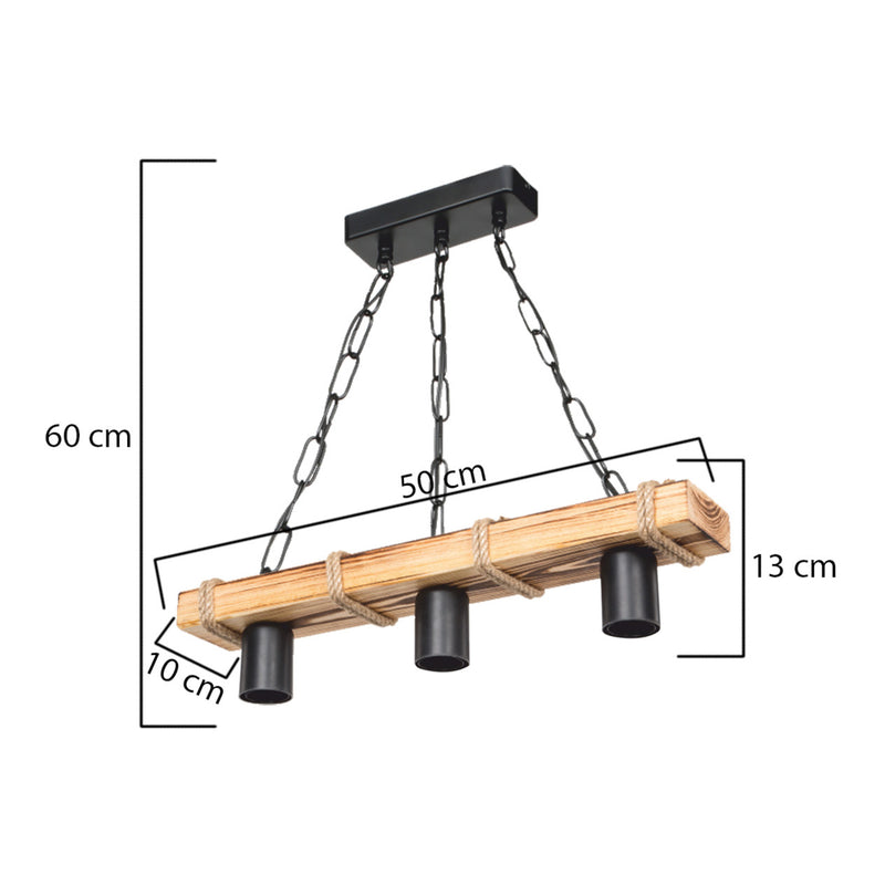 Maßskizze Hängeleuchte Hemel E27 Metall Massivholz Juteseil Schwarz / Holzoptik / Jutefarben in versch. Größen [lux.pro]