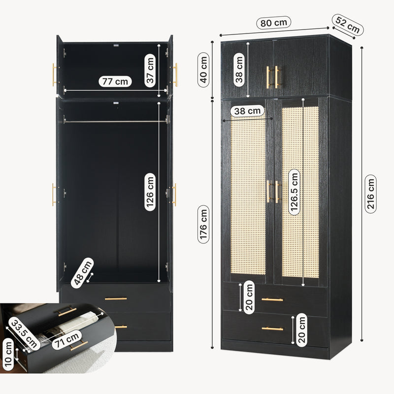 Maßskizze Kleiderschrank Larundi 216x80x52 cm mit 4 Türen [en.casa]
