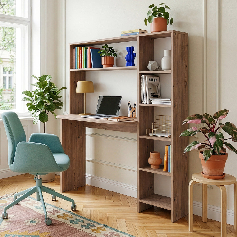 Schreibtisch mit Regal Onega 143x114x40 cm Holzfarben [en.casa]