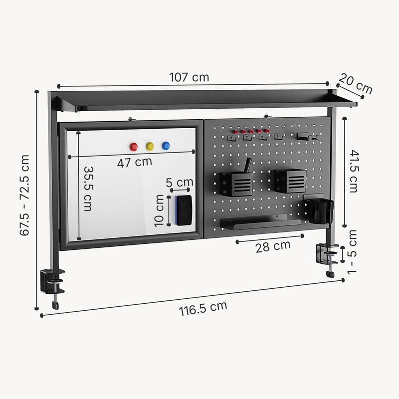 Maßskizze Schreibtisch-Organizer Virvik zum Anklemmen 117x73 cm Stahl [en.casa]