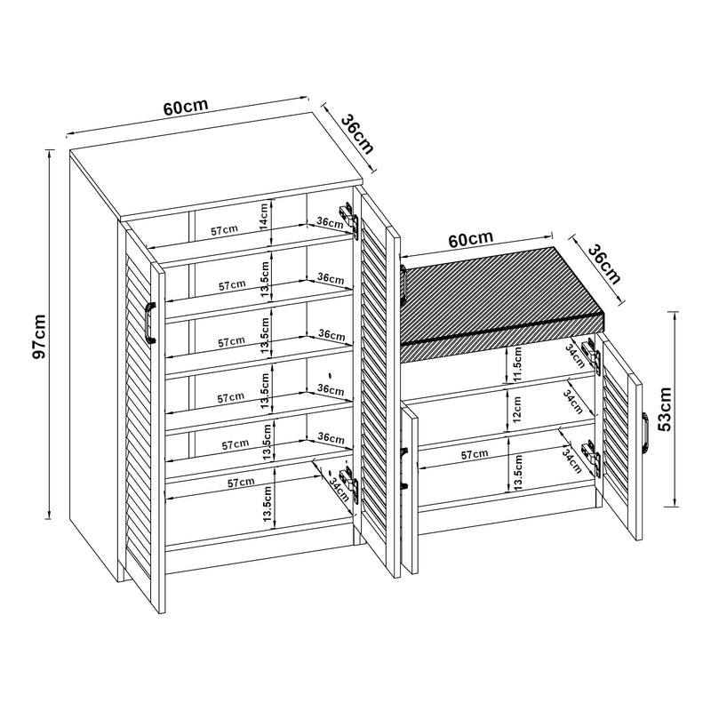 Maßskizze Schuhschrank Løten mit Sitzbank 120x36x97 cm Grau [en.casa]