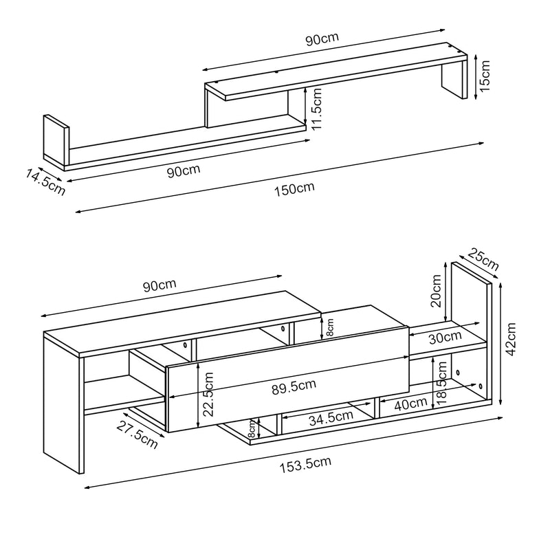 Maßskizze Fernsehschrank Liksefte mit Wandregal 154x28x42 cm [en.casa]
