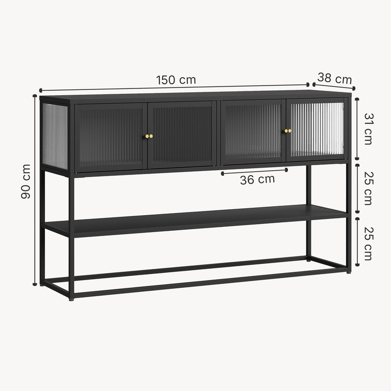 Maßskizze Sideboard Säkylä mit 4 Glastüren 150x38x90 cm Stahl [en.casa]