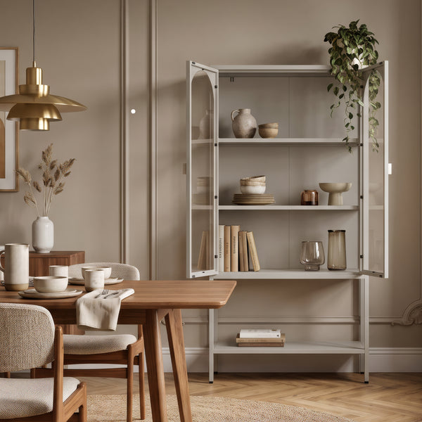 Vitrinenschrank Klippestad Stahl 160x80x35 cm Warmgrau [en.casa]