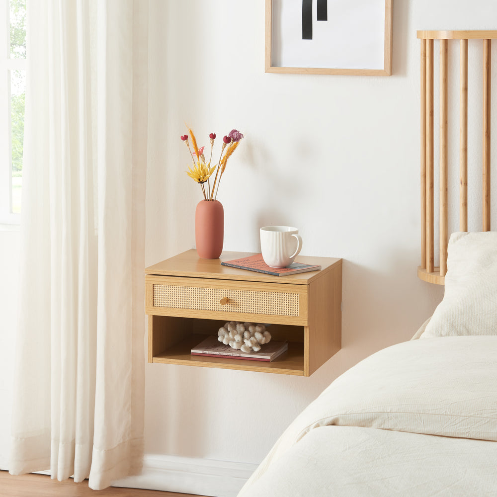 Wandregal Eiker mit Schublade 40x32x23 cm Rattanoptik [en.casa]