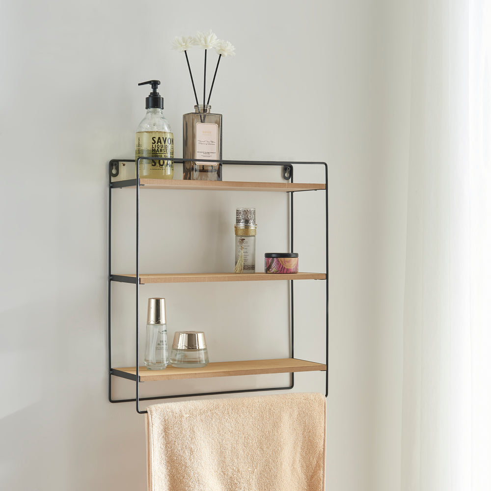 Wandregal Skovbo mit 3 Ablageflächen Schwarz/Holzfarben [en.casa] - premiumXL