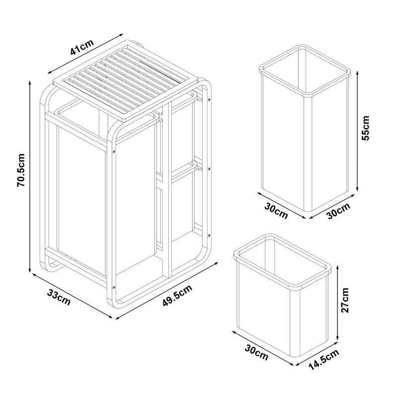 Maßskizze Wäschesammler Evenes mit 3 Wäschekörben Bambus [en.casa]