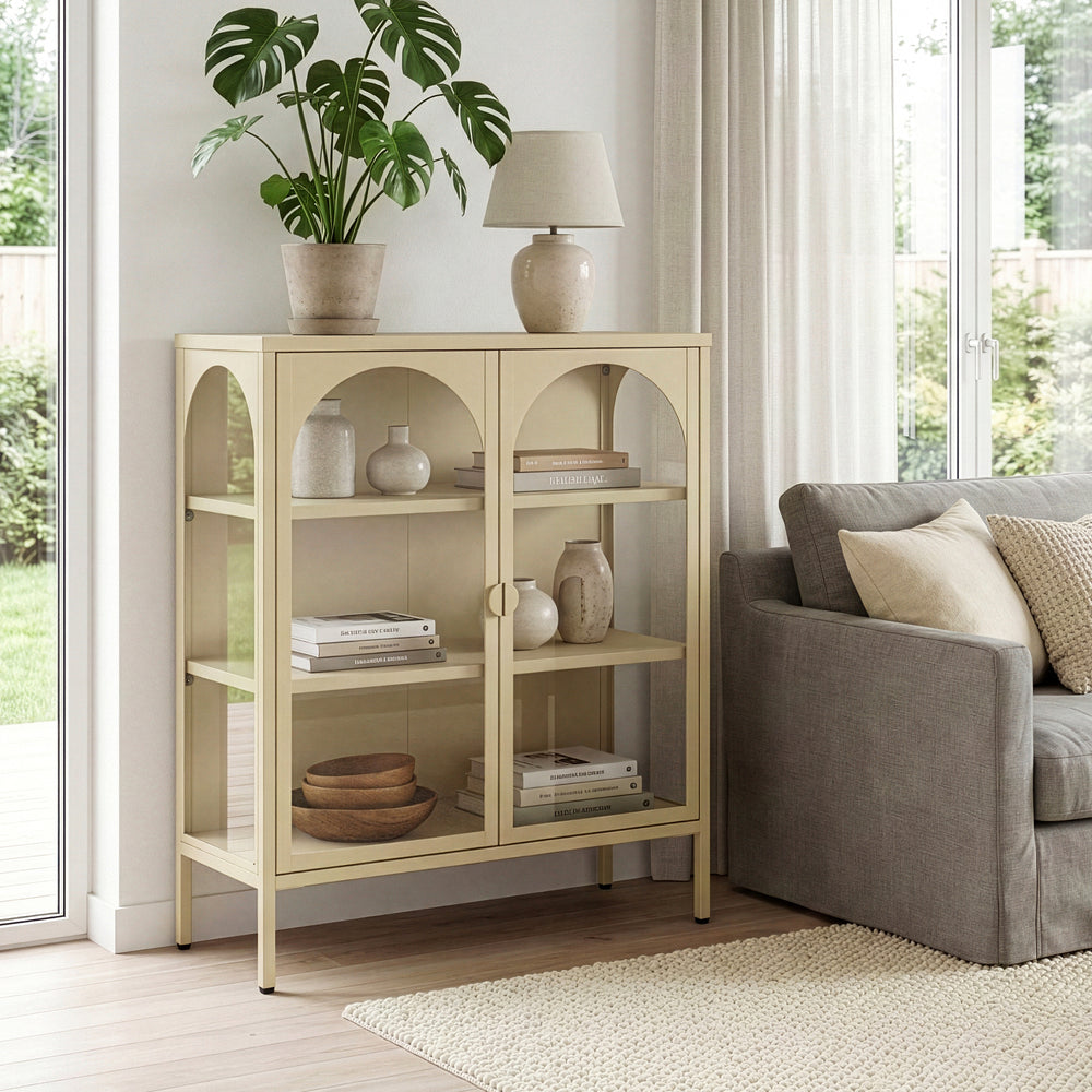 Vitrinen-Sideboard Klippestad Stahl 95x80x35 cm Kamelfarben [en.casa]