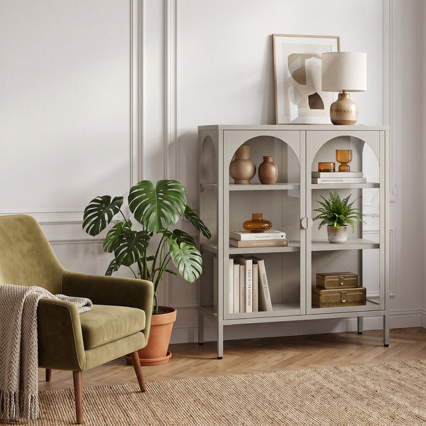 Vitrinen-Sideboard Klippestad Stahl 95x80x35 cm Warmgrau [en.casa]
