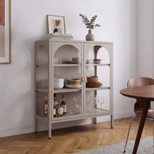 Vitrinen-Sideboard Klippestad Stahl 95x80x35 cm Warmgrau [en.casa]