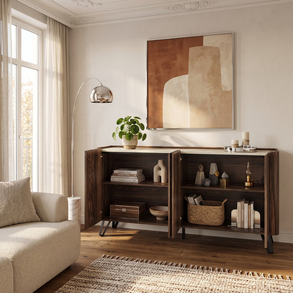 Sideboard Trorlon 160x40x83 cm Walnussoptik/Travertin [en.casa]